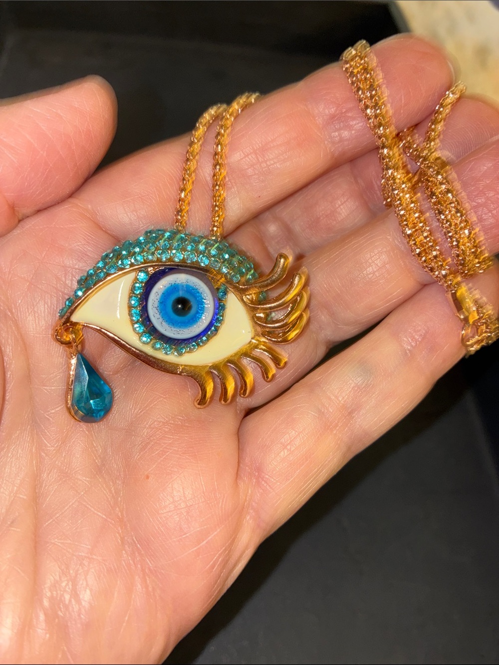 Evil Eye Teardrop Necklace with A Deep Blue Eye With Crystal Blue Eye Shadow